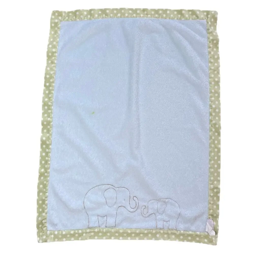 Cocalo Blue Elephant Baby Blanket Green Polka Dot Trim Plush Embroidered *READ*